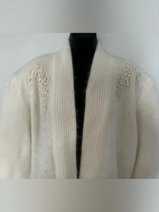 Vintage 80s Eddie Dassin Beaded Angora Cardigan, Size Medium - Picture 2 of 15